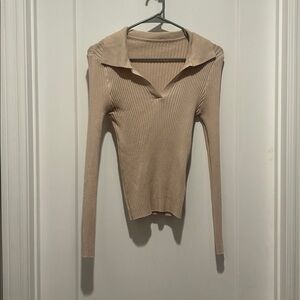SHEIN Tan Ribbed Long Sleeve Blouse